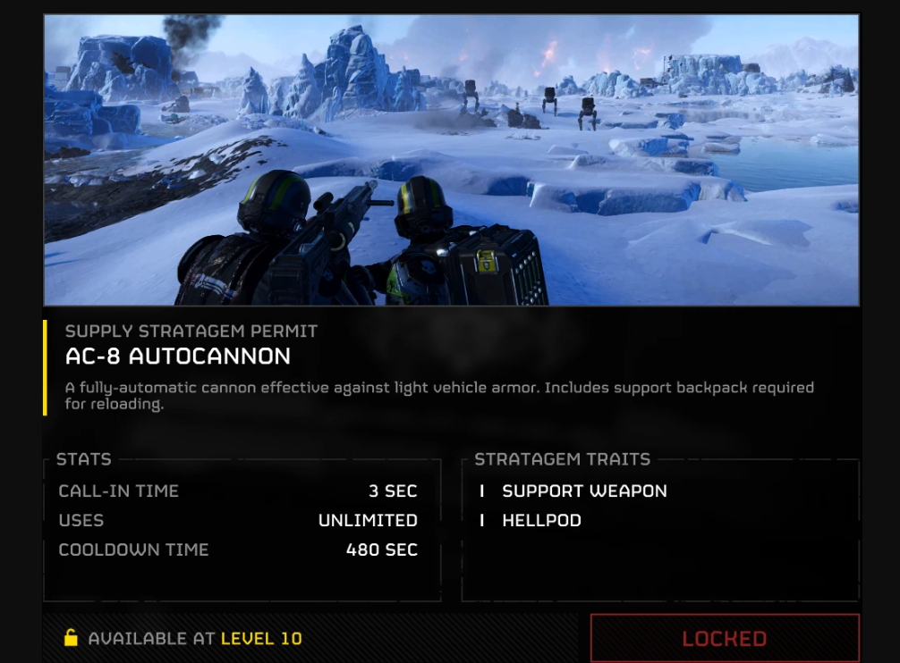 Stats of Helldivers 2 Auto Cannon AC 8